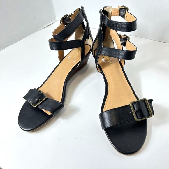 Liendo Anthropologie Black Leather Buckle Ankle Strap Low Wedge Sandals Size 9.5 - Picture 2 of 10